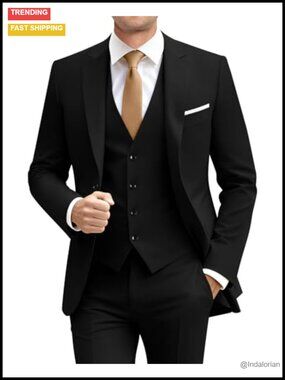 3 Piece Men's Suit Set Blazer Vest Pants Solid Formal Wedding Business Tailored